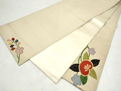 平和屋着物●アンティーク　大正ロマン　太鼓柄袋帯　総手刺繍　駒刺繍　花筏文　金糸　正絹　逸品　CABM6218hy