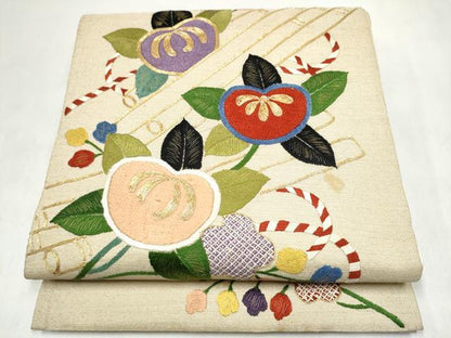 平和屋着物●アンティーク　大正ロマン　太鼓柄袋帯　総手刺繍　駒刺繍　花筏文　金糸　正絹　逸品　CABM6218hy