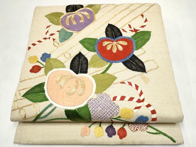 平和屋着物●アンティーク　大正ロマン　太鼓柄袋帯　総手刺繍　駒刺繍　花筏文　金糸　正絹　逸品　CABM6218hy