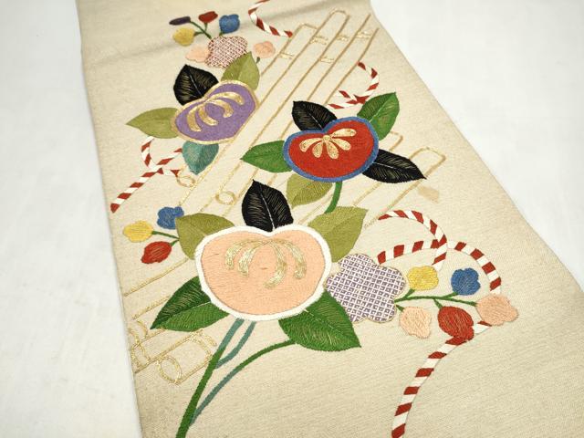 平和屋着物●アンティーク　大正ロマン　太鼓柄袋帯　総手刺繍　駒刺繍　花筏文　金糸　正絹　逸品　CABM6218hy