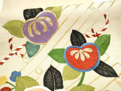 平和屋着物●アンティーク　大正ロマン　太鼓柄袋帯　総手刺繍　駒刺繍　花筏文　金糸　正絹　逸品　CABM6218hy