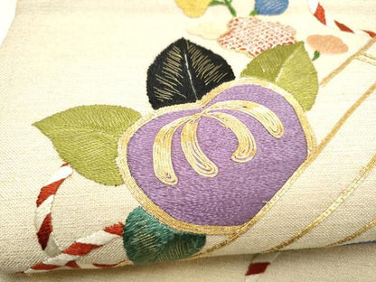 平和屋着物●アンティーク　大正ロマン　太鼓柄袋帯　総手刺繍　駒刺繍　花筏文　金糸　正絹　逸品　CABM6218hy