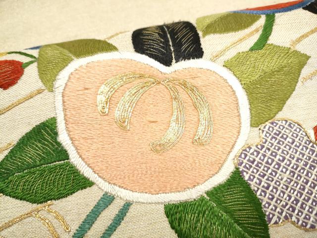 平和屋着物●アンティーク　大正ロマン　太鼓柄袋帯　総手刺繍　駒刺繍　花筏文　金糸　正絹　逸品　CABM6218hy