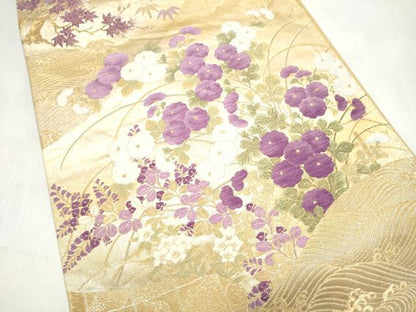 平和屋着物●西陣　京の名門　じゅらく謹製　帝王紫　六通柄袋帯　草花文　金糸　正絹　逸品　CABM6232hy