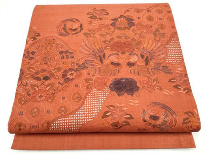 平和屋着物●中国三大刺繍　スワトウ相良刺繍　総刺繍　太鼓柄袋帯　紬地　鴛鴦花文　正絹　逸品　CABM6234hy