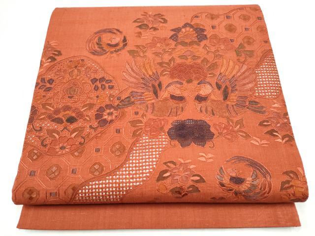 平和屋着物●中国三大刺繍　スワトウ相良刺繍　総刺繍　太鼓柄袋帯　紬地　鴛鴦花文　正絹　逸品　CABM6234hy