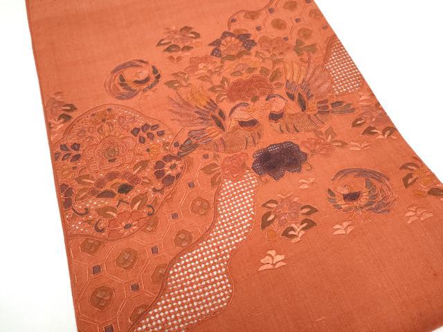 平和屋着物●中国三大刺繍　スワトウ相良刺繍　総刺繍　太鼓柄袋帯　紬地　鴛鴦花文　正絹　逸品　CABM6234hy