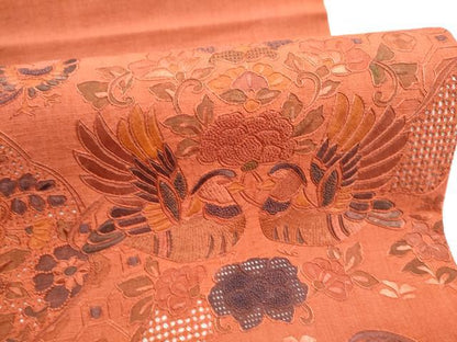 平和屋着物●中国三大刺繍　スワトウ相良刺繍　総刺繍　太鼓柄袋帯　紬地　鴛鴦花文　正絹　逸品　CABM6234hy