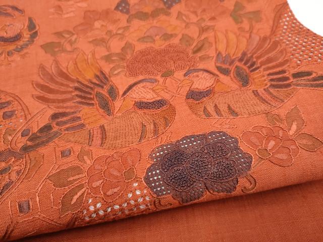 平和屋着物●中国三大刺繍　スワトウ相良刺繍　総刺繍　太鼓柄袋帯　紬地　鴛鴦花文　正絹　逸品　CABM6234hy