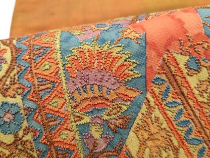 平和屋着物●中国三大刺繍　相良刺繍　太鼓柄袋帯　紬地　更紗花文　正絹　逸品　CABM6237hy