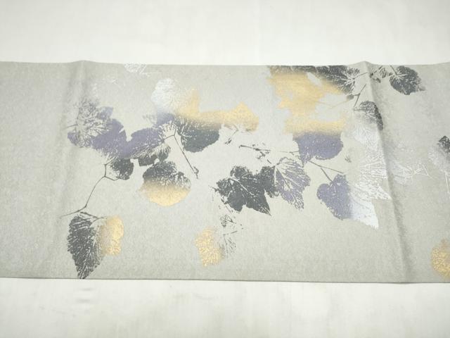 平和屋着物●太鼓柄袋帯　枝葉文　金彩　銀通し地　正絹　逸品　CABM6252hy