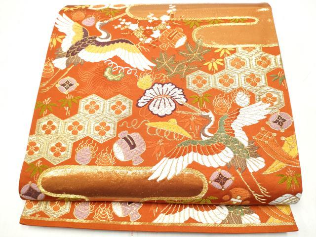 平和屋着物●西陣　河合美術織物謹製　六通柄袋帯　唐織　飛鶴花蝶文　金糸　正絹　逸品　CABM6256hy