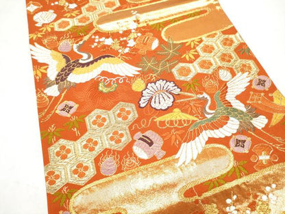 平和屋着物●西陣　河合美術織物謹製　六通柄袋帯　唐織　飛鶴花蝶文　金糸　正絹　逸品　CABM6256hy