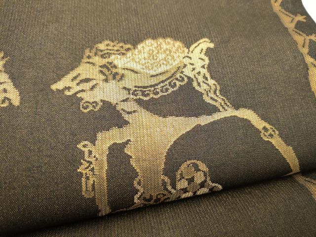 平和屋着物●洛風林　工芸帯地　太鼓柄袋帯　向かい動物文　金糸　正絹　逸品　未使用　CABM6260hy