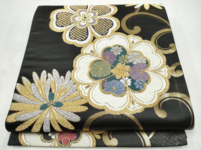 平和屋着物●西陣　京洛苑たはら謹製　六通柄袋帯　唐織　花唐草文　黒地　金銀糸　正絹　逸品　CABM6310hy