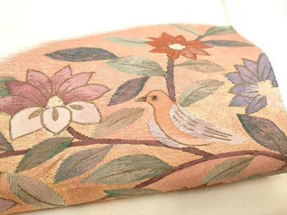 平和屋着物●太鼓柄袋帯　すくい織　休み鳥枝花文　金糸　正絹　逸品　CABM6339hy