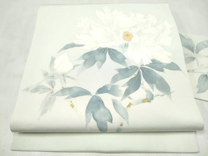 平和屋着物●塩瀬　九寸名古屋帯　手描き　枝花文　正絹　逸品　CABM6344hy