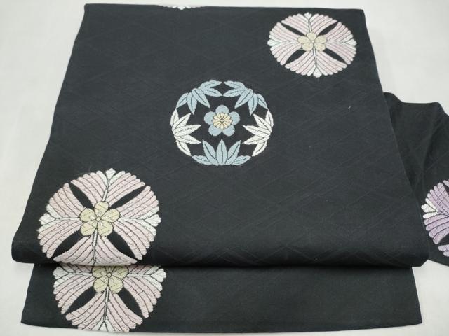 平和屋着物●九寸名古屋帯　唐織　五嶋紐　松竹梅丸文　黒地　正絹　逸品　CABM6371hy