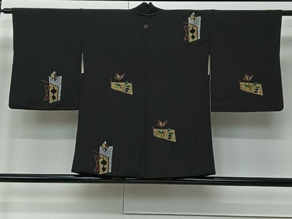平和屋着物＃羽織　幾何学花文　黒地　金銀彩　正絹　逸品　CABM6424ua