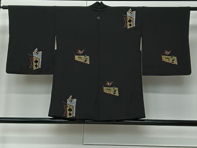 平和屋着物＃羽織　幾何学花文　黒地　金銀彩　正絹　逸品　CABM6424ua
