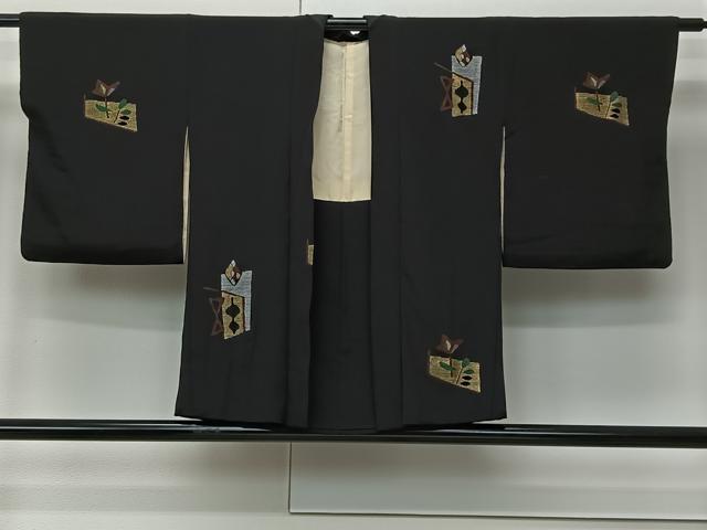 平和屋着物＃羽織　幾何学花文　黒地　金銀彩　正絹　逸品　CABM6424ua