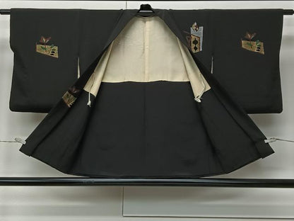 平和屋着物＃羽織　幾何学花文　黒地　金銀彩　正絹　逸品　CABM6424ua
