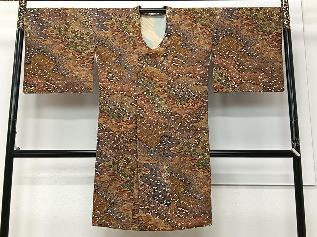 平和屋着物＃道行コート　草花文　金通し地　ロング丈　正絹　逸品　CABM6427ua