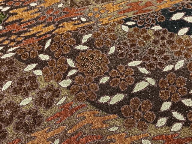 平和屋着物＃道行コート　草花文　金通し地　ロング丈　正絹　逸品　CABM6427ua