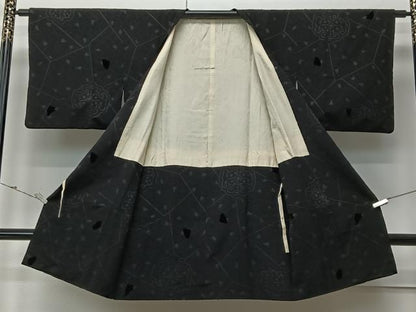平和屋着物＃道行コート　輪奈ビロード　抽象文様　黒地　ロング丈　ショール付き　正絹　逸品　CABM6444ua