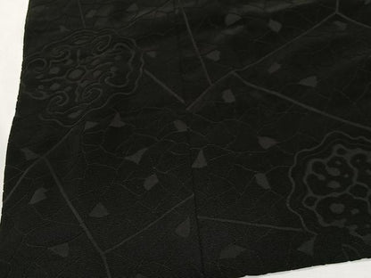 平和屋着物＃道行コート　輪奈ビロード　抽象文様　黒地　ロング丈　ショール付き　正絹　逸品　CABM6444ua