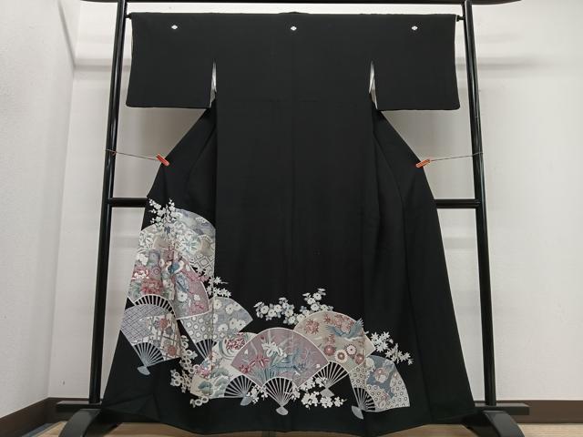 平和屋着物■豪華黒留袖　駒刺繍　扇面花鳥文　正絹　逸品　CABM6674ua