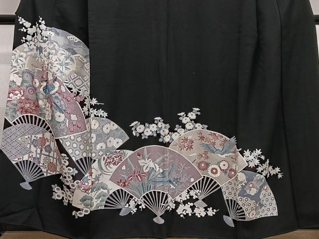 平和屋着物■豪華黒留袖　駒刺繍　扇面花鳥文　正絹　逸品　CABM6674ua