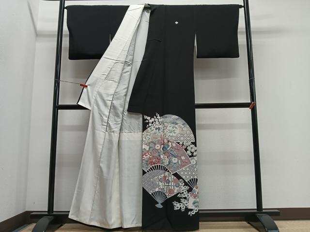 平和屋着物■豪華黒留袖　駒刺繍　扇面花鳥文　正絹　逸品　CABM6674ua