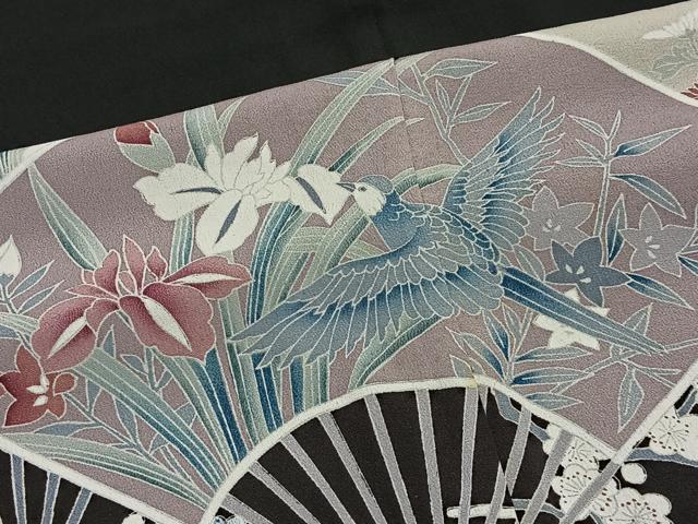平和屋着物■豪華黒留袖　駒刺繍　扇面花鳥文　正絹　逸品　CABM6674ua