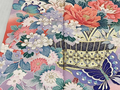 平和屋着物■豪華振袖　刺繍　舞蝶花籠文　暈し染め　金彩　正絹　逸品　CABM6709ua