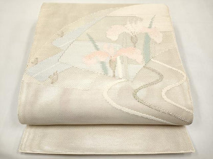 平和屋着物＊夏物　太鼓柄袋帯　流水地紙花文　銀糸　正絹　逸品　CABM6824tx