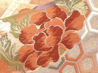 平和屋本店▼六通柄袋帯　唐織　松皮取花丸紋　純金箔　正絹　逸品　CABM6991tx