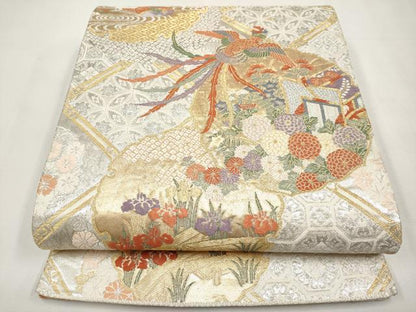 平和屋本店▼六通柄袋帯　唐織　雪輪御所車花鳥文　本金箔　正絹　逸品　CABM7000tx