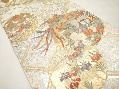 平和屋本店▼六通柄袋帯　唐織　雪輪御所車花鳥文　本金箔　正絹　逸品　CABM7000tx