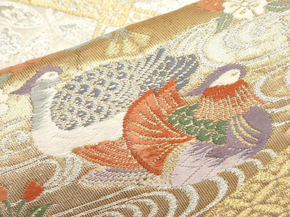 平和屋本店▼六通柄袋帯　唐織　雪輪御所車花鳥文　本金箔　正絹　逸品　CABM7000tx
