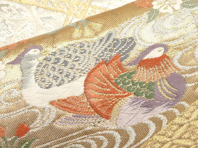 平和屋本店▼六通柄袋帯　唐織　雪輪御所車花鳥文　本金箔　正絹　逸品　CABM7000tx