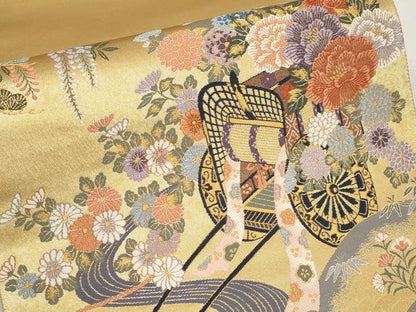 平和屋本店▼西陣　前田徳織物謹製　六通柄袋帯　慶長花車紋　九百泥金箔　証紙付き　正絹　逸品　未使用　CABM7009tx