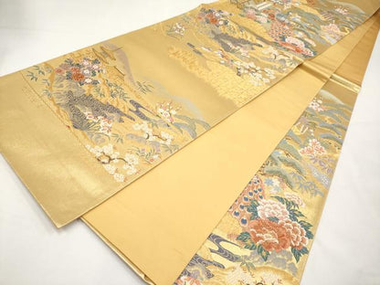 平和屋本店▼西陣　前田徳織物謹製　六通柄袋帯　唐織　御所解孔雀紋　九百泥金箔　証紙付き　正絹　逸品　未使用　CABM7010tx