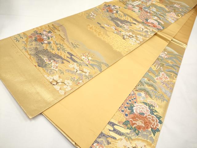 平和屋本店▼西陣　前田徳織物謹製　六通柄袋帯　唐織　御所解孔雀紋　九百泥金箔　証紙付き　正絹　逸品　未使用　CABM7010tx