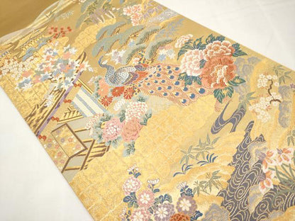 平和屋本店▼西陣　前田徳織物謹製　六通柄袋帯　唐織　御所解孔雀紋　九百泥金箔　証紙付き　正絹　逸品　未使用　CABM7010tx