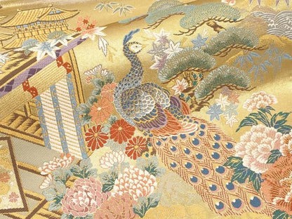 平和屋本店▼西陣　前田徳織物謹製　六通柄袋帯　唐織　御所解孔雀紋　九百泥金箔　証紙付き　正絹　逸品　未使用　CABM7010tx