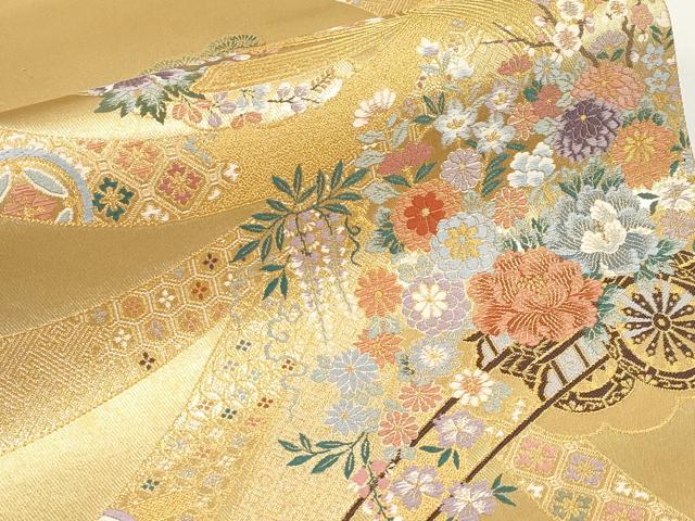平和屋本店▼西陣　前田徳織物謹製　六通柄袋帯　唐織　熨斗花車紋　九百泥金箔　証紙付き　正絹　逸品　未使用　CABM7011tx