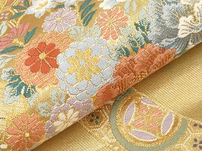 平和屋本店▼西陣　前田徳織物謹製　六通柄袋帯　唐織　熨斗花車紋　九百泥金箔　証紙付き　正絹　逸品　未使用　CABM7011tx