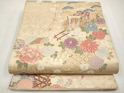 平和屋本店▼六通柄袋帯　唐織　山菊孔雀文　本金二重箔　正絹　逸品　CABM7024tx