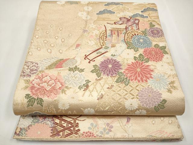 平和屋本店▼六通柄袋帯　唐織　山菊孔雀文　本金二重箔　正絹　逸品　CABM7024tx